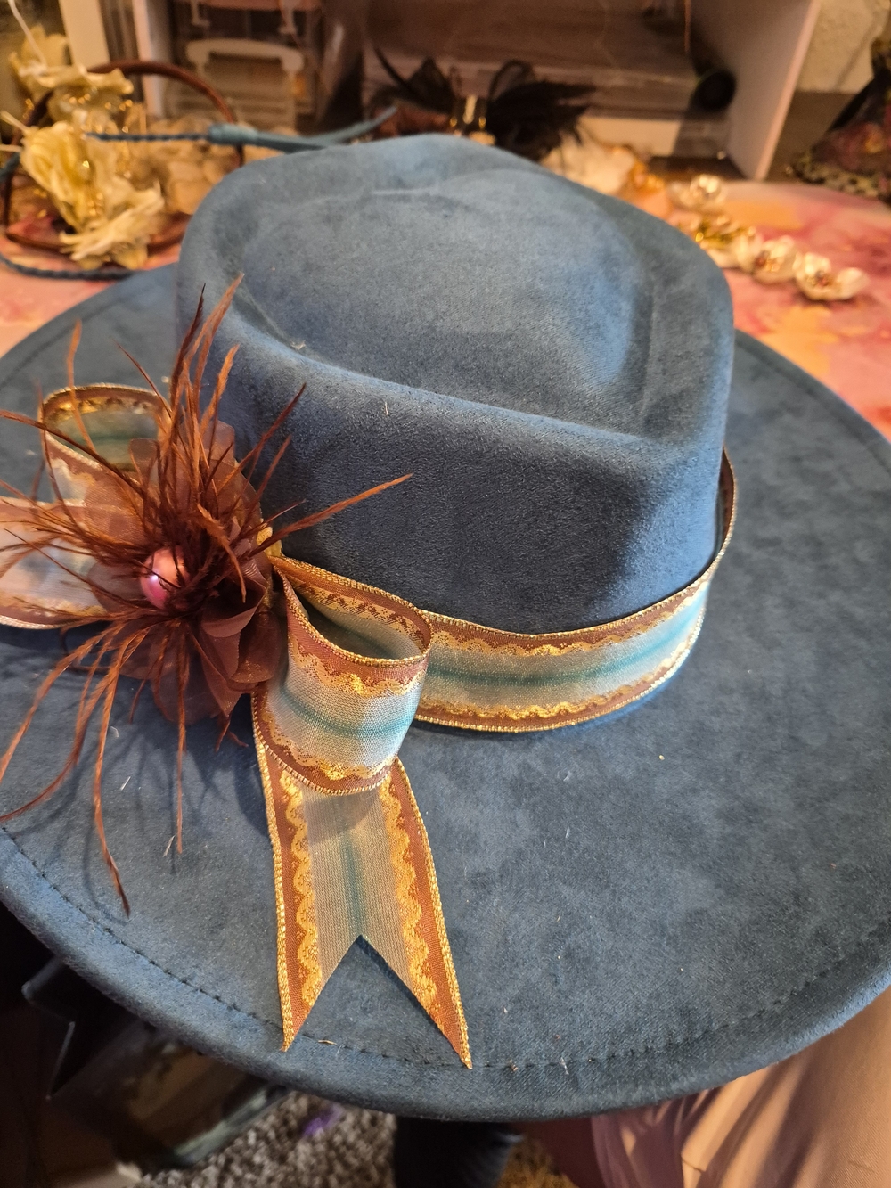 Blue Felt Fedora with Decorative Ribbon and Feather